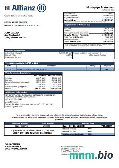 Austria Allianz Investment wyciąg z kredytu hipotecznego szablon Word i PDF